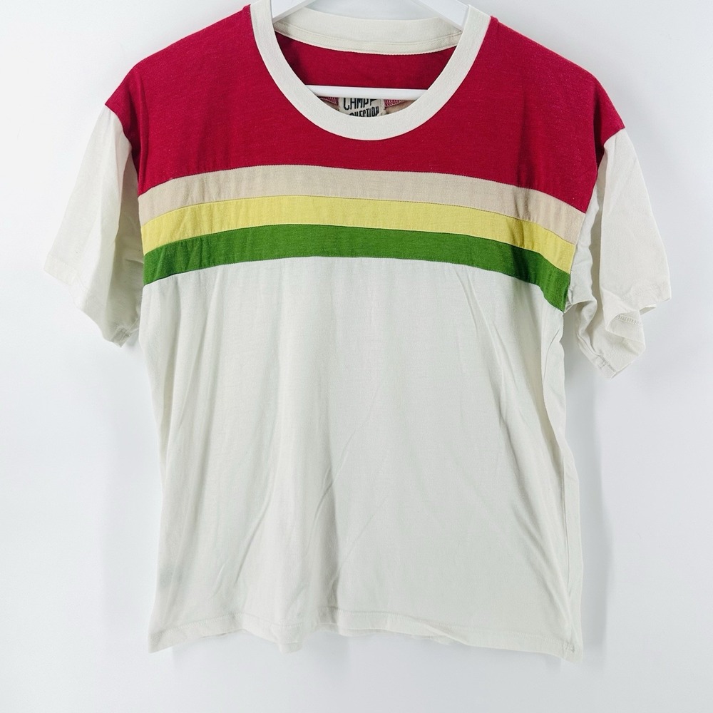 Camp Collection Sz L Rainbow Striped Short Sleeve Festival Retro‎ 70s CC30